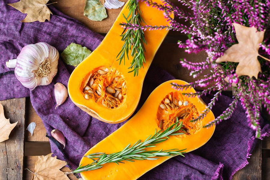 Fall Autumn Harvest Background With Butternut Squash Pumpkin And Rosemary