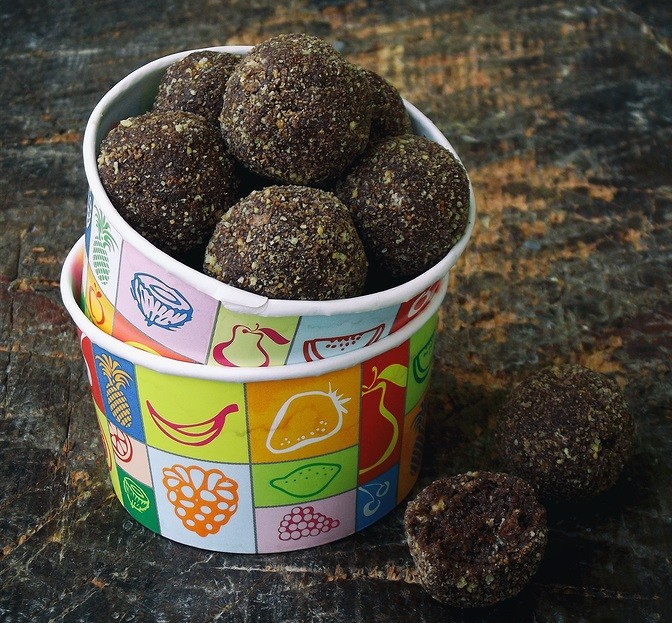 Homemade Chocolate And Nut Candy Balls With Chopped Biscuit On Dark Background.  Copy Space.