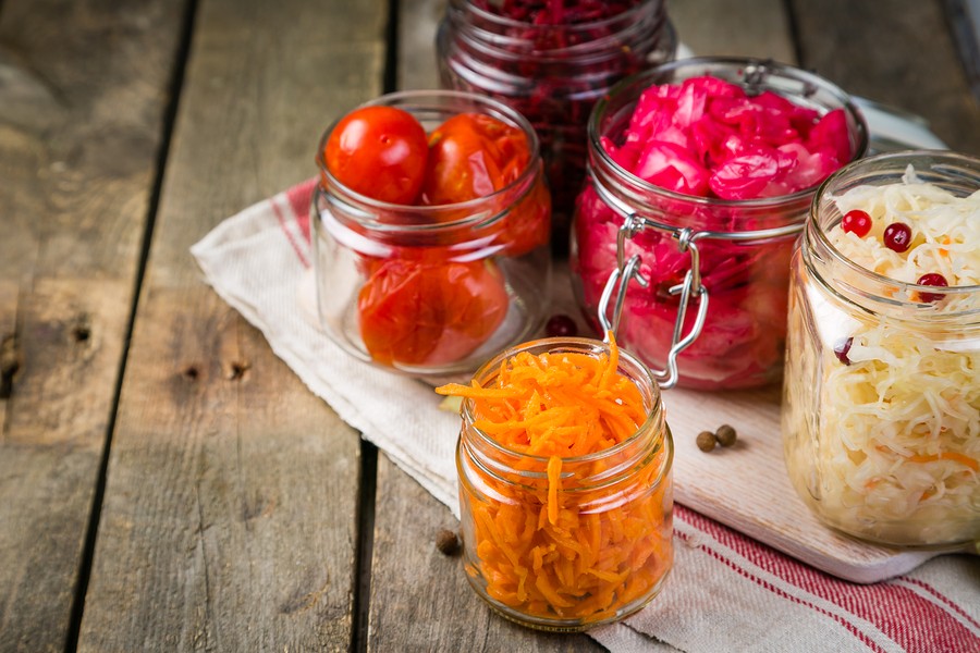 Selection Of Fermented Food - Carrot, Cabbage, Tomatoes, Beetroot, Copy Space Wood Background