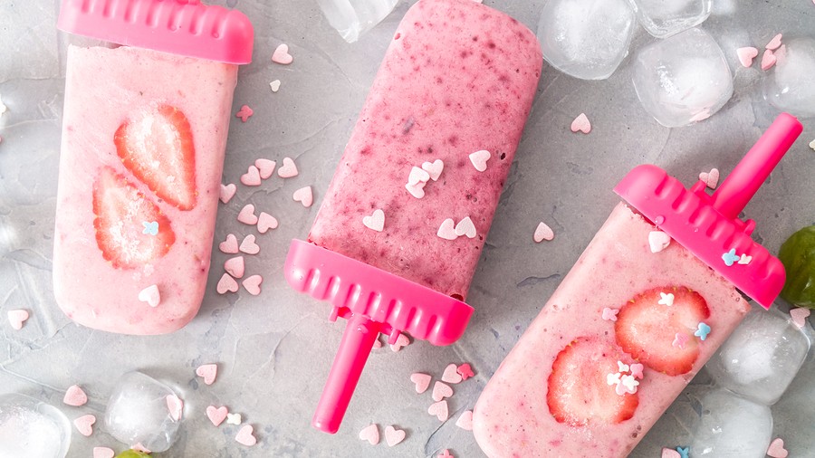 Summer Heat: Refreshing Pink Fruit Ice With Strawberry Pieces Surrounded By Transparent And Green Ic